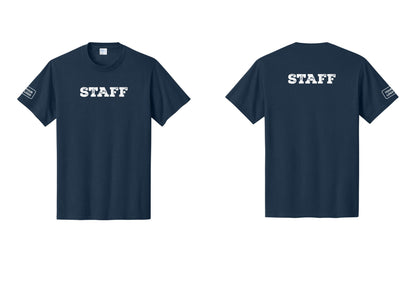 NYC Factory Custom Logo Staff T-Shirt, Rustic Lettering - Front + Back + Your Logo Sleeve - Navy