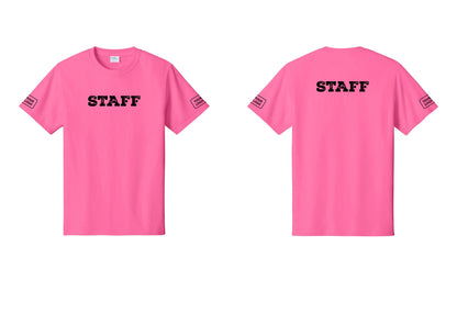 NYC Factory Custom Logo Staff T-Shirt, Rustic Lettering - Front + Back + Your Logo Sleeves - Neon Pink