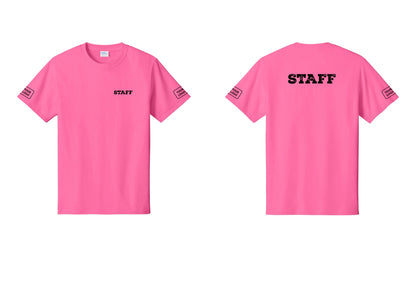 NYC Factory Custom Logo Staff T-Shirt, Rustic Lettering - Chest + Back + Your Logo Sleeves - Neon Pink