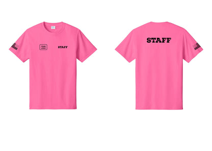 NYC Factory Custom Logo Staff T-Shirt, Rustic Lettering - STAFF + Your Logo + Back + US Flag Sleeve - Neon Pink