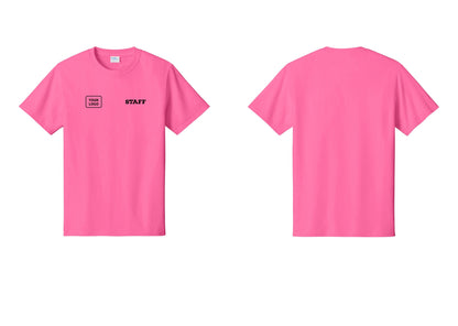 NYC Factory Custom Logo Staff T-Shirt, Rustic Lettering - STAFF + Your Logo - Neon Pink