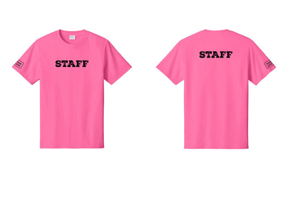 NYC Factory Custom Logo Staff T-Shirt, Rustic Lettering - Front + Back + Your Logo Sleeve - Neon Pink