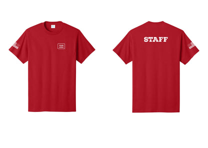NYC Factory Custom Logo Staff T-Shirt, Rustic Lettering - Your Logo + Back + US Flag Sleeve - Red