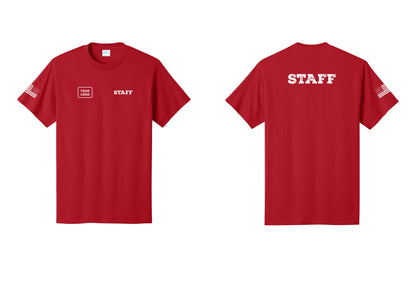 NYC Factory Custom Logo Staff T-Shirt, Rustic Lettering - STAFF + Your Logo + Back + US Flag Sleeve - Red