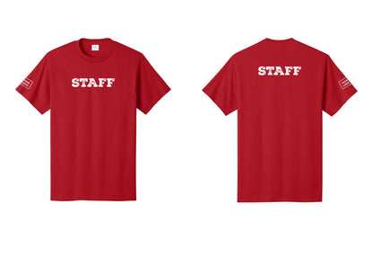 NYC Factory Custom Logo Staff T-Shirt, Rustic Lettering - Front + Back + Your Logo Sleeve - Red