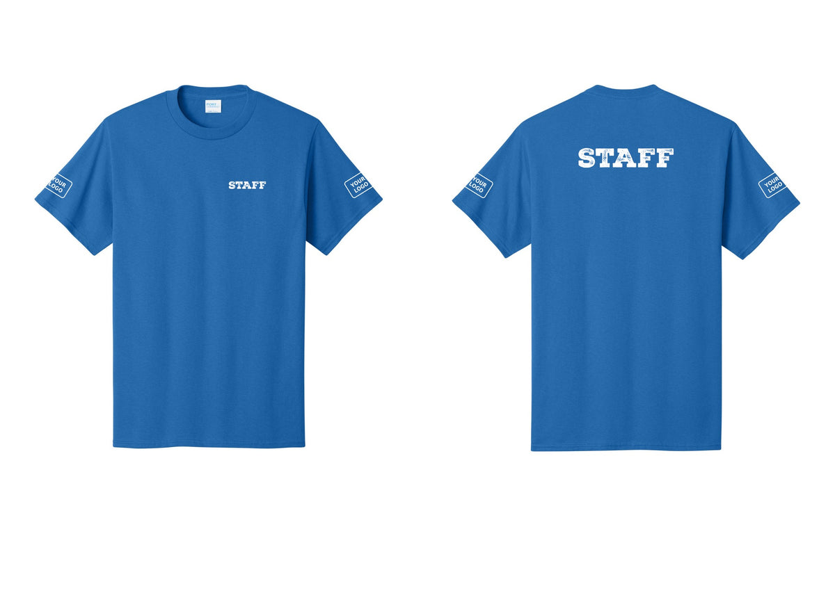 NYC Factory Custom Logo Staff T-Shirt, Rustic Lettering - Chest + Back + Your Logo Sleeves - Royal