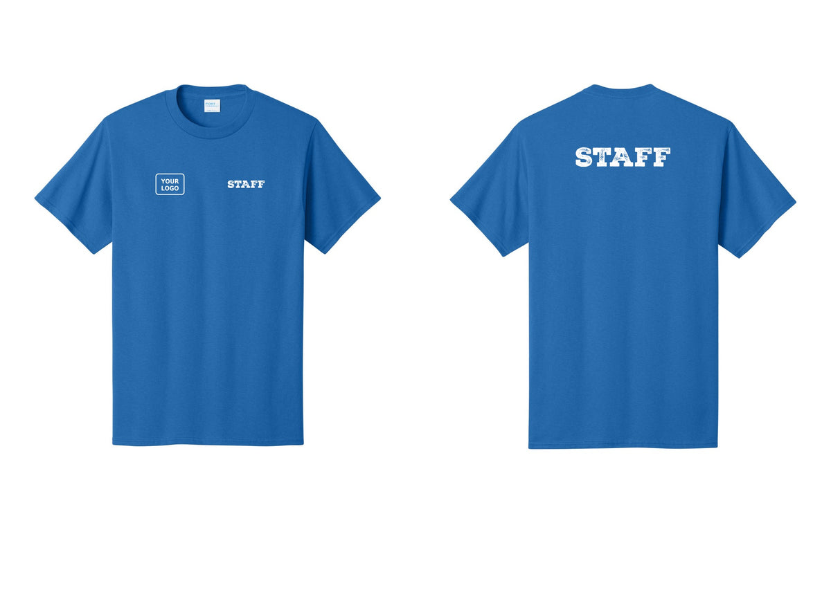NYC Factory Custom Logo Staff T-Shirt, Rustic Lettering - STAFF + Your Logo + Back - Royal