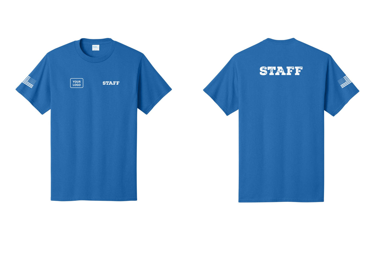 NYC Factory Custom Logo Staff T-Shirt, Rustic Lettering - STAFF + Your Logo + Back + US Flag Sleeve - Royal