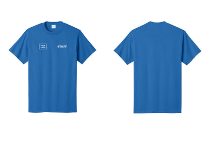 NYC Factory Custom Logo Staff T-Shirt, Rustic Lettering - STAFF + Your Logo - Royal