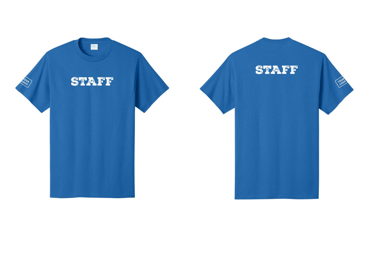 NYC Factory Custom Logo Staff T-Shirt, Rustic Lettering - Front + Back + Your Logo Sleeve - Royal