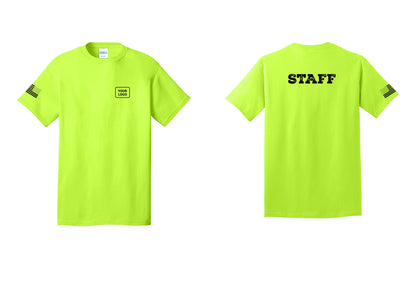 NYC Factory Custom Logo Staff T-Shirt, Rustic Lettering - Your Logo + Back + US Flag Sleeve - Safety Green