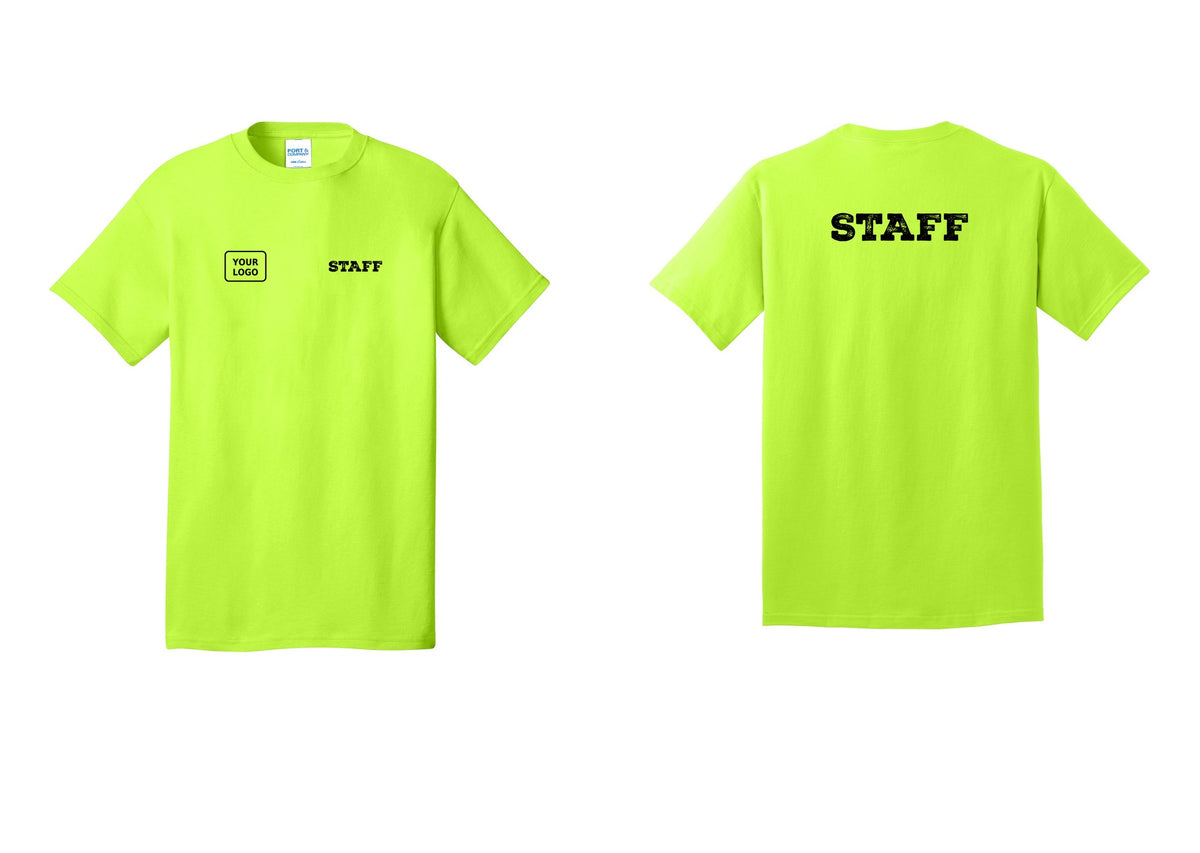 NYC Factory Custom Logo Staff T-Shirt, Rustic Lettering - STAFF + Your Logo + Back - Safety Green