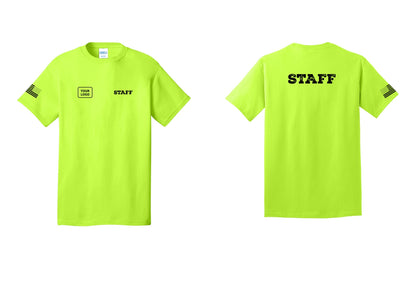 NYC Factory Custom Logo Staff T-Shirt, Rustic Lettering - STAFF + Your Logo + Back + US Flag Sleeve - Safety Green