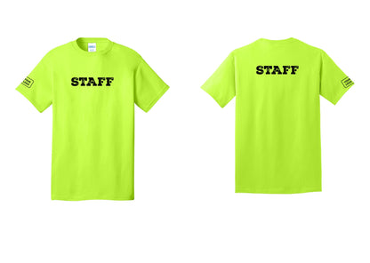 NYC Factory Custom Logo Staff T-Shirt, Rustic Lettering - Front + Back + Your Logo Sleeve - Safety Green