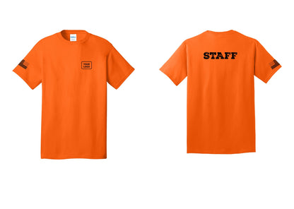 NYC Factory Custom Logo Staff T-Shirt, Rustic Lettering - Your Logo + Back + US Flag Sleeve - Safety Orange