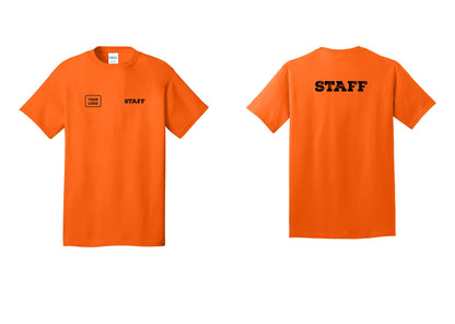 NYC Factory Custom Logo Staff T-Shirt, Rustic Lettering - STAFF + Your Logo + Back - Safety Orange