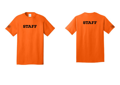 NYC Factory Custom Logo Staff T-Shirt, Rustic Lettering - Front + Back + Your Logo Sleeve - Safety Orange