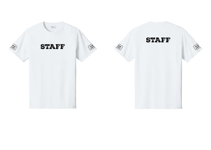 NYC Factory Custom Logo Staff T-Shirt, Rustic Lettering - Front + Back + Your Logo Sleeves - White