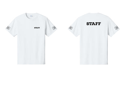 NYC Factory Custom Logo Staff T-Shirt, Rustic Lettering - Chest + Back + Your Logo Sleeves - White