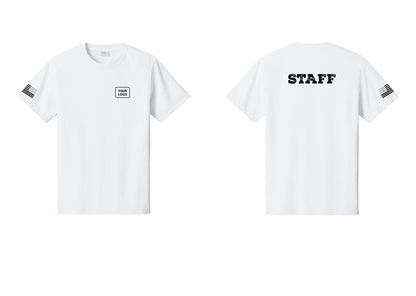 NYC Factory Custom Logo Staff T-Shirt, Rustic Lettering - Your Logo + Back + US Flag Sleeve - White