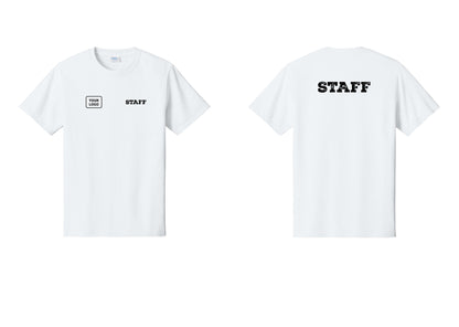 NYC Factory Custom Logo Staff T-Shirt, Rustic Lettering - STAFF + Your Logo + Back - White