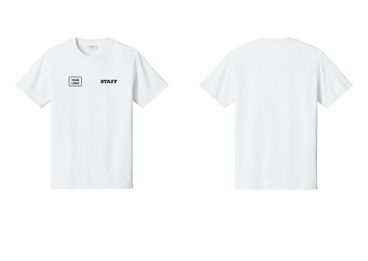 NYC Factory Custom Logo Staff T-Shirt, Rustic Lettering - STAFF + Your Logo - White
