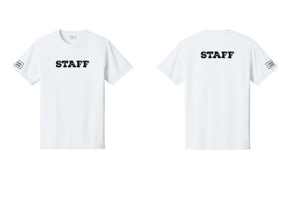 NYC Factory Custom Logo Staff T-Shirt, Rustic Lettering - Front + Back + Your Logo Sleeve - White