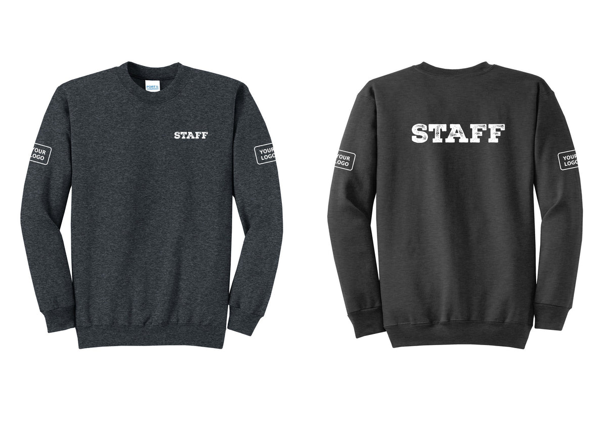 NYC Factory Custom Logo Staff Cotton Fleece Crewneck Sweatshirt (Rustic) - Chest + Back + Your Logo Sleeves - Dark Heather Grey
