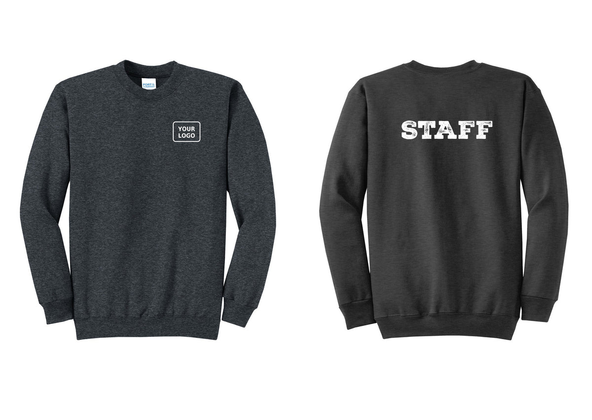 NYC Factory Custom Logo Staff Cotton Fleece Crewneck Sweatshirt (Rustic) - Your Logo + Back - Dark Heather Grey