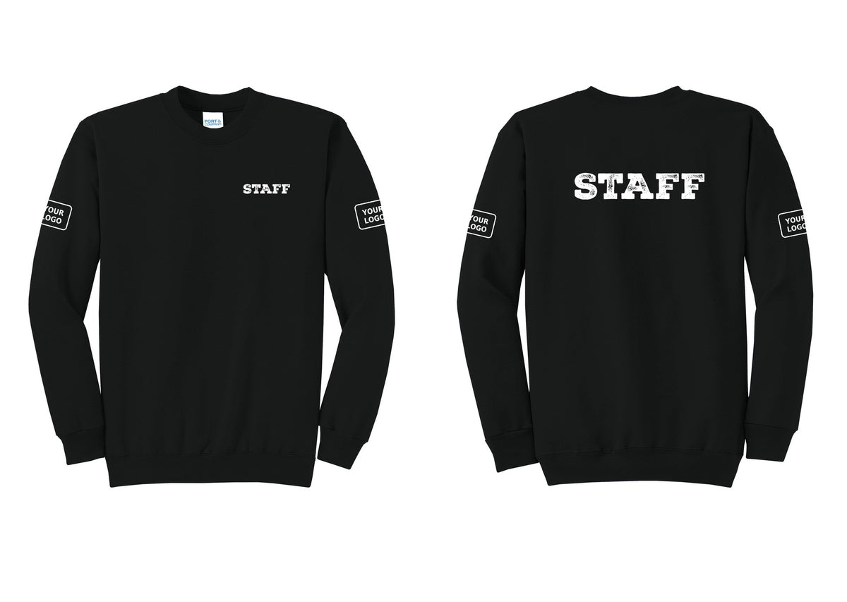NYC Factory Custom Logo Staff Cotton Fleece Crewneck Sweatshirt (Rustic) - Chest + Back + Your Logo Sleeves - Black