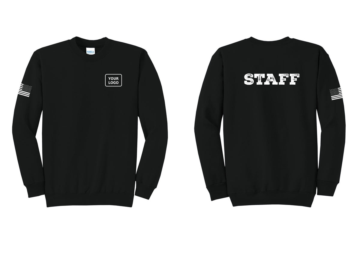 NYC Factory Custom Logo Staff Cotton Fleece Crewneck Sweatshirt (Rustic) - Your Logo + Back + US Flag Sleeve - Black