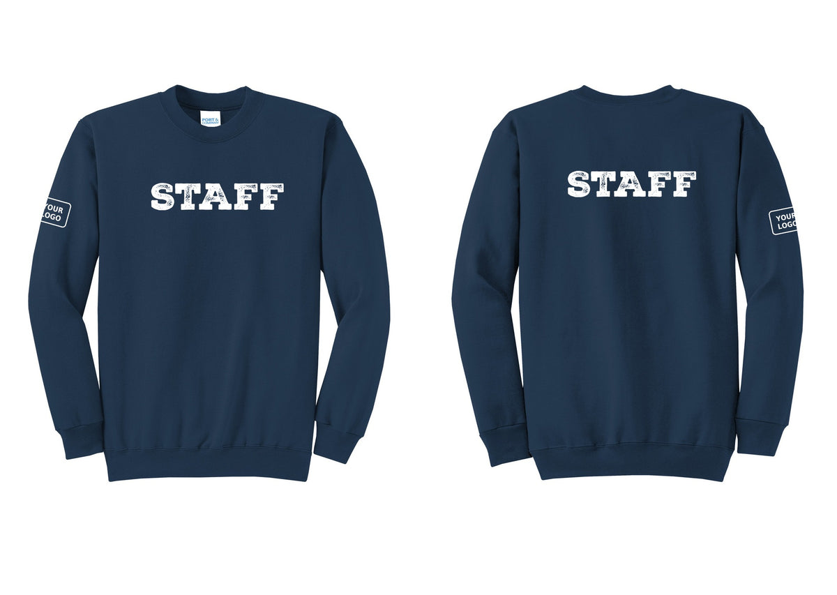 NYC Factory Custom Logo Staff Cotton Fleece Crewneck Sweatshirt (Rustic) - Front + Back + Your Logo Sleeve - Navy