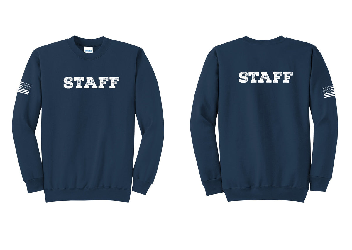 NYC Factory Staff Cotton Fleece Crewneck Sweatshirt (Rustic) - Front + Back + US Flag Sleeve - Navy