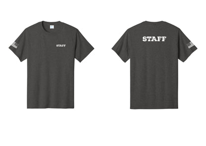 NYC Factory Staff T-Shirt, Rustic Lettering - Chest + Back + US Flag Sleeve - Dark Heather Grey
