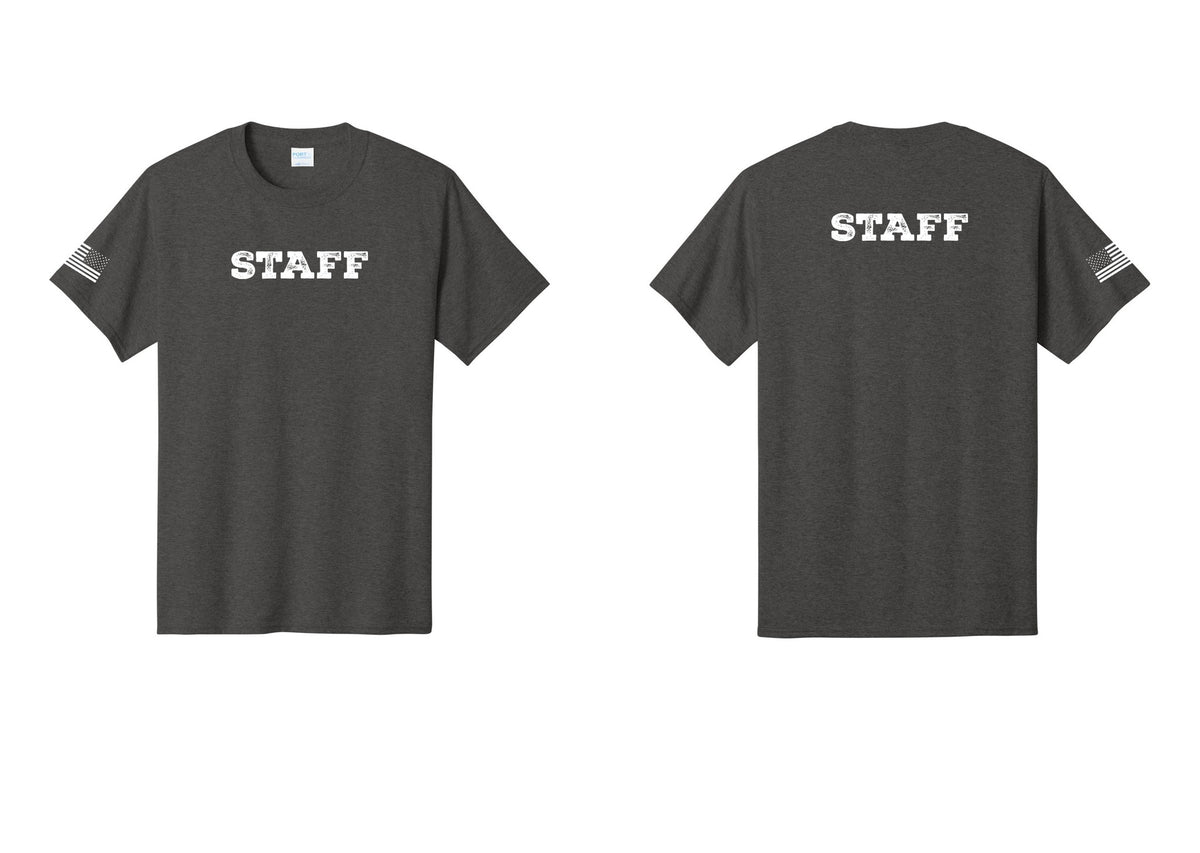 NYC Factory Staff T-Shirt, Rustic Lettering - Front + Back + US Flag Sleeve - Dark Heather Grey