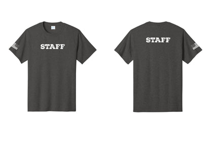 NYC Factory Staff T-Shirt, Rustic Lettering - Front + Back + US Flag Sleeve - Dark Heather Grey