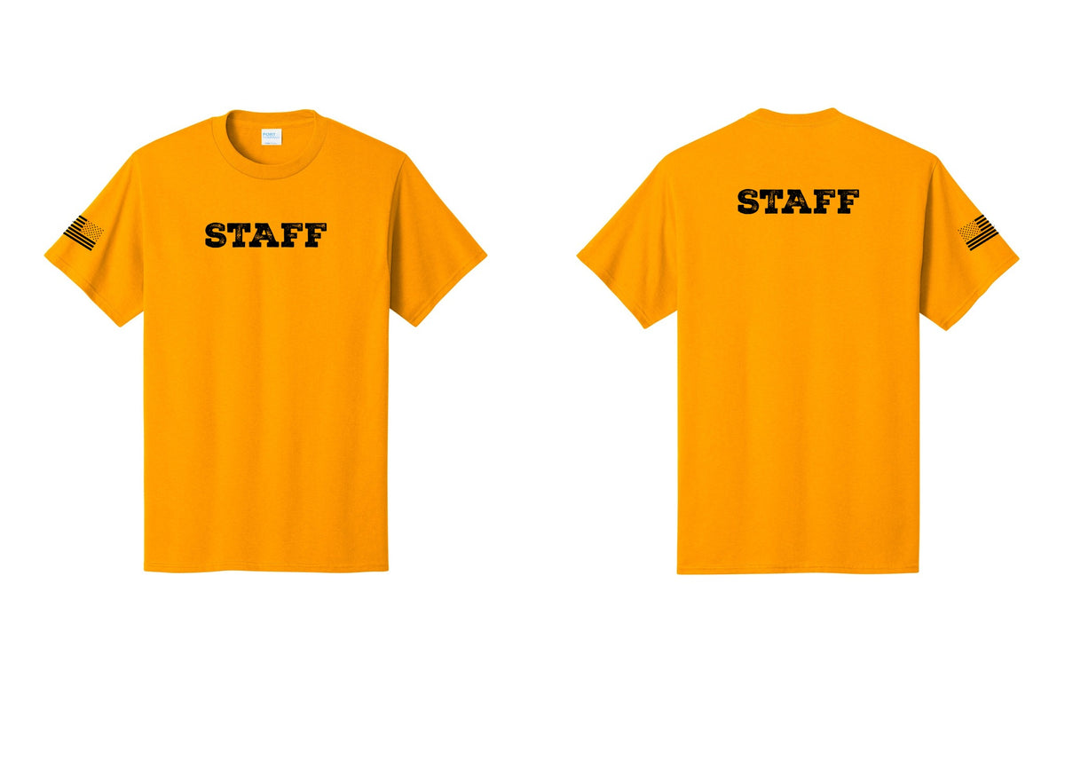 NYC Factory Staff T-Shirt, Rustic Lettering - Front + Back + US Flag Sleeve - Gold