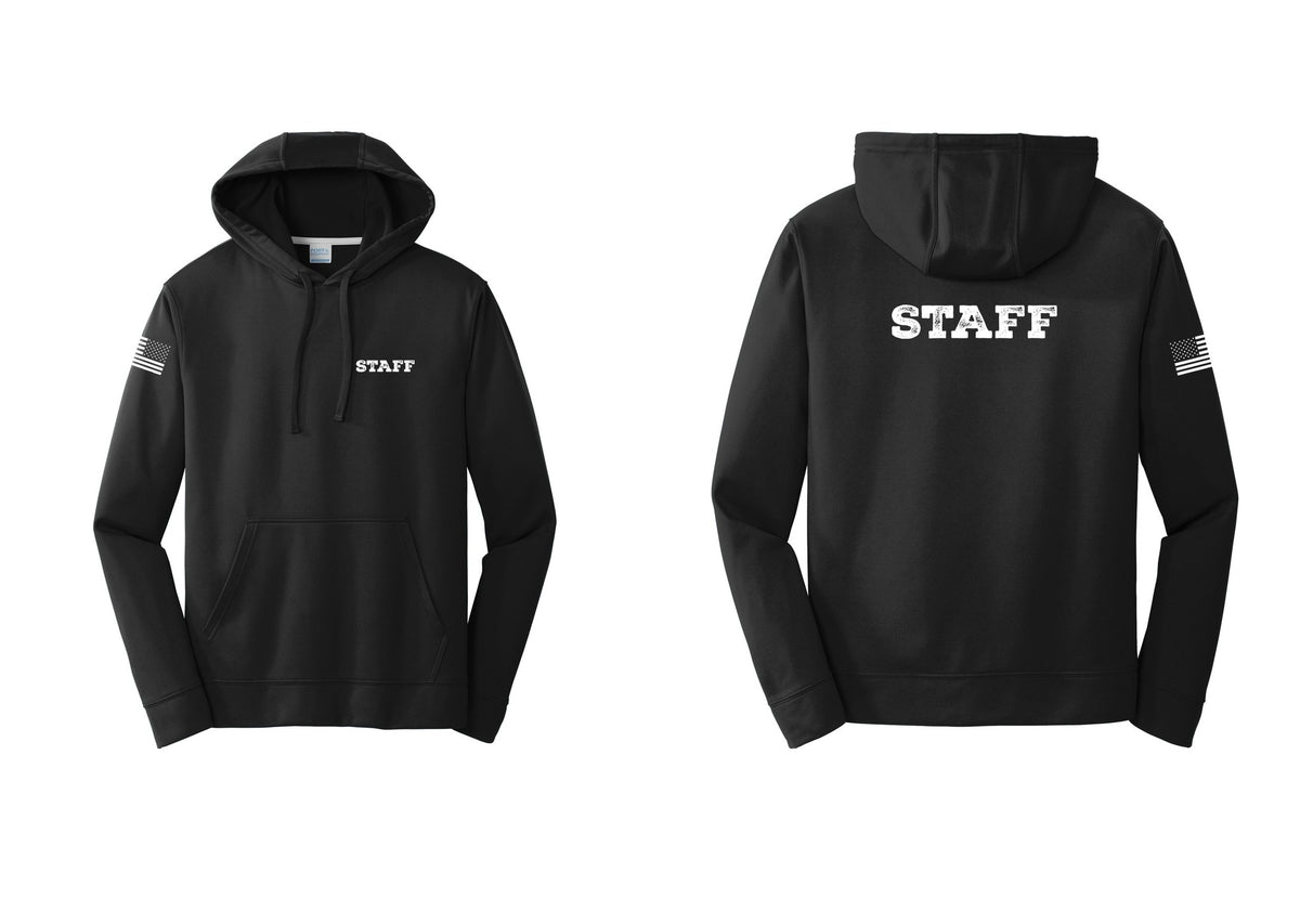NYC Factory Staff Performance Hooded Fleece Pullover Sweatshirt (Rustic) - Chest + Back + US Flag Sleeve - Black
