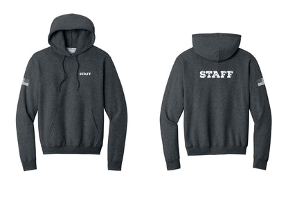 NYC Factory Staff Cotton Fleece Pullover Hoodie (Rustic) - Chest + Back + US Flag Sleeve - Dark Heather Grey