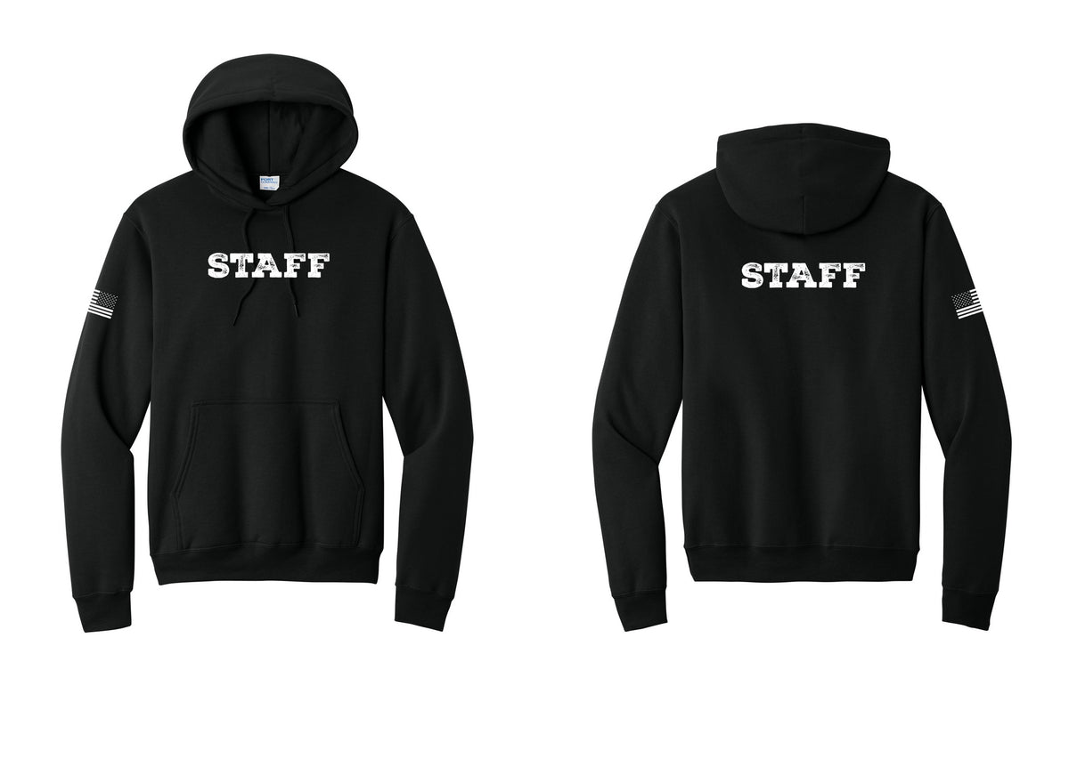 NYC Factory Staff Cotton Fleece Pullover Hoodie (Rustic) - Front + Back + US Flag Sleeve - Black