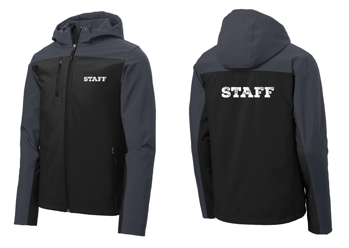 NYC Factory Staff Hooded Soft Shell Jacket (Rustic) - Chest + Back - Black / Battleship Grey