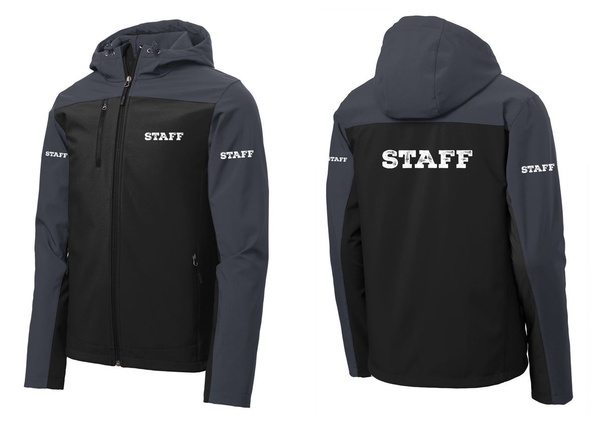 NYC Factory Staff Hooded Soft Shell Jacket (Rustic) - Chest + Back + Staff Sleeves - Black / Battleship Grey