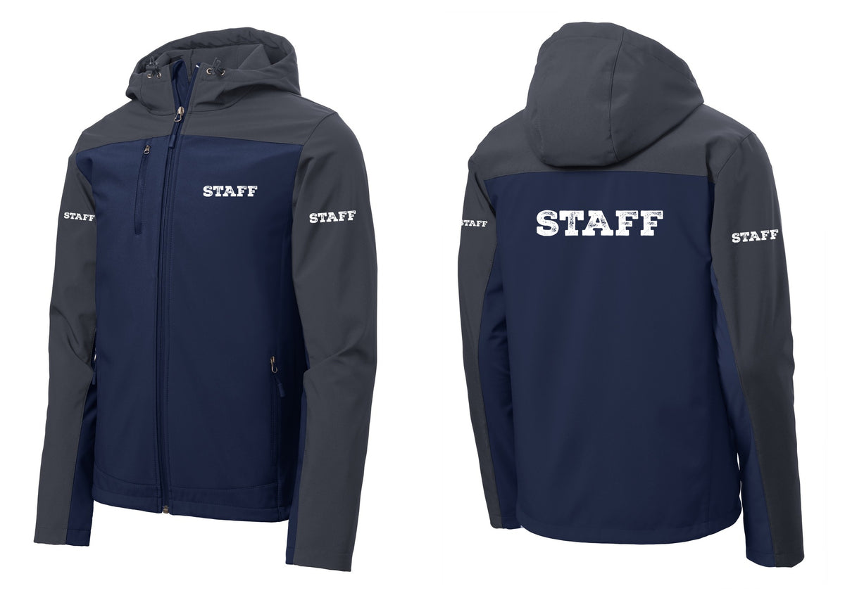 NYC Factory Staff Hooded Soft Shell Jacket (Rustic) - Chest + Back + Staff Sleeves - Dress Blue Navy / Battleship Grey