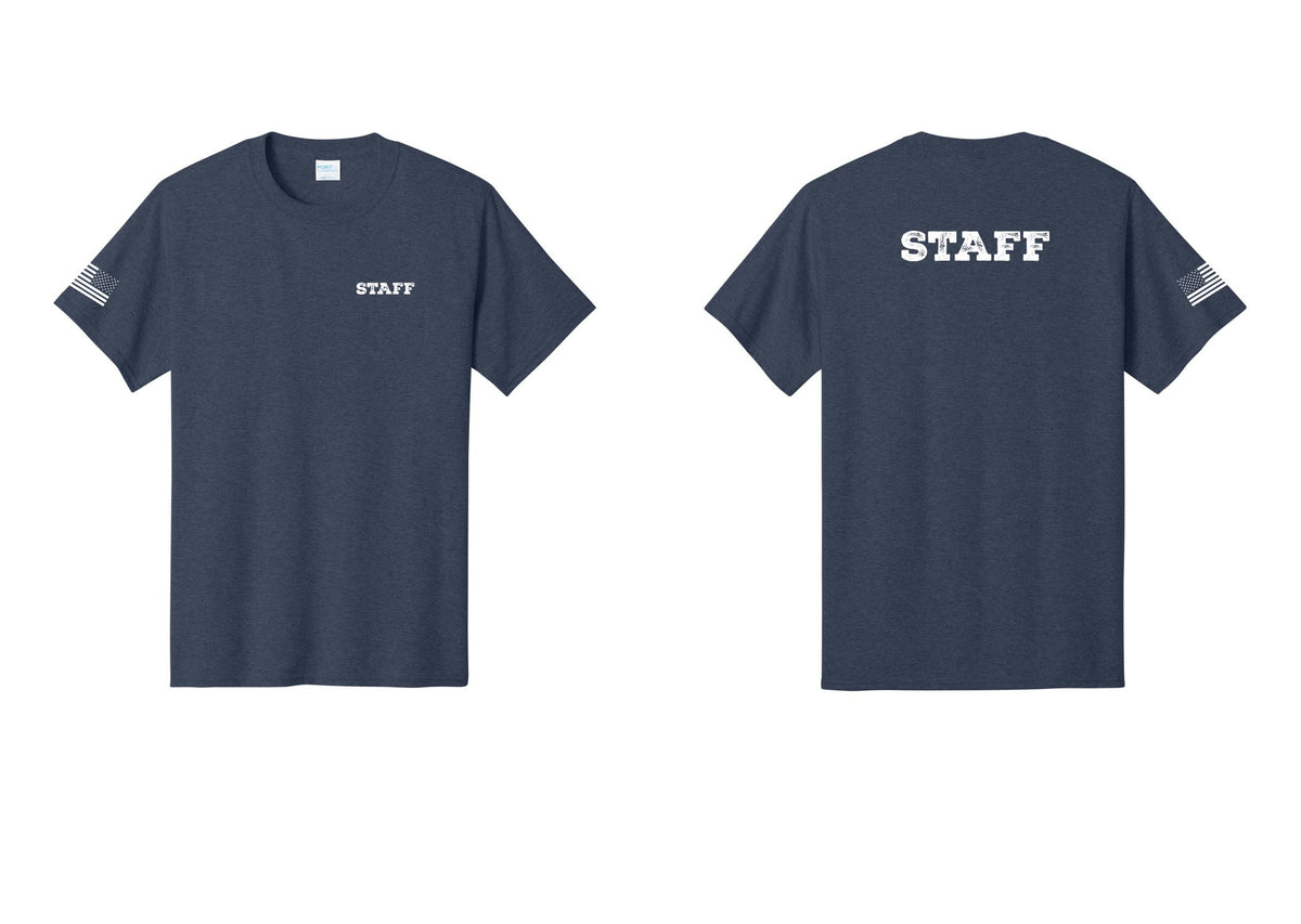 NYC Factory Staff T-Shirt, Rustic Lettering - Chest + Back + US Flag Sleeve - Heather Navy