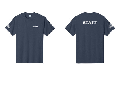 NYC Factory Staff T-Shirt, Rustic Lettering - Chest + Back + US Flag Sleeve - Heather Navy