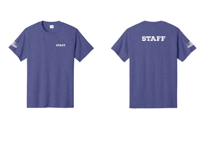 NYC Factory Staff T-Shirt, Rustic Lettering - Chest + Back + US Flag Sleeve - Heather Purple