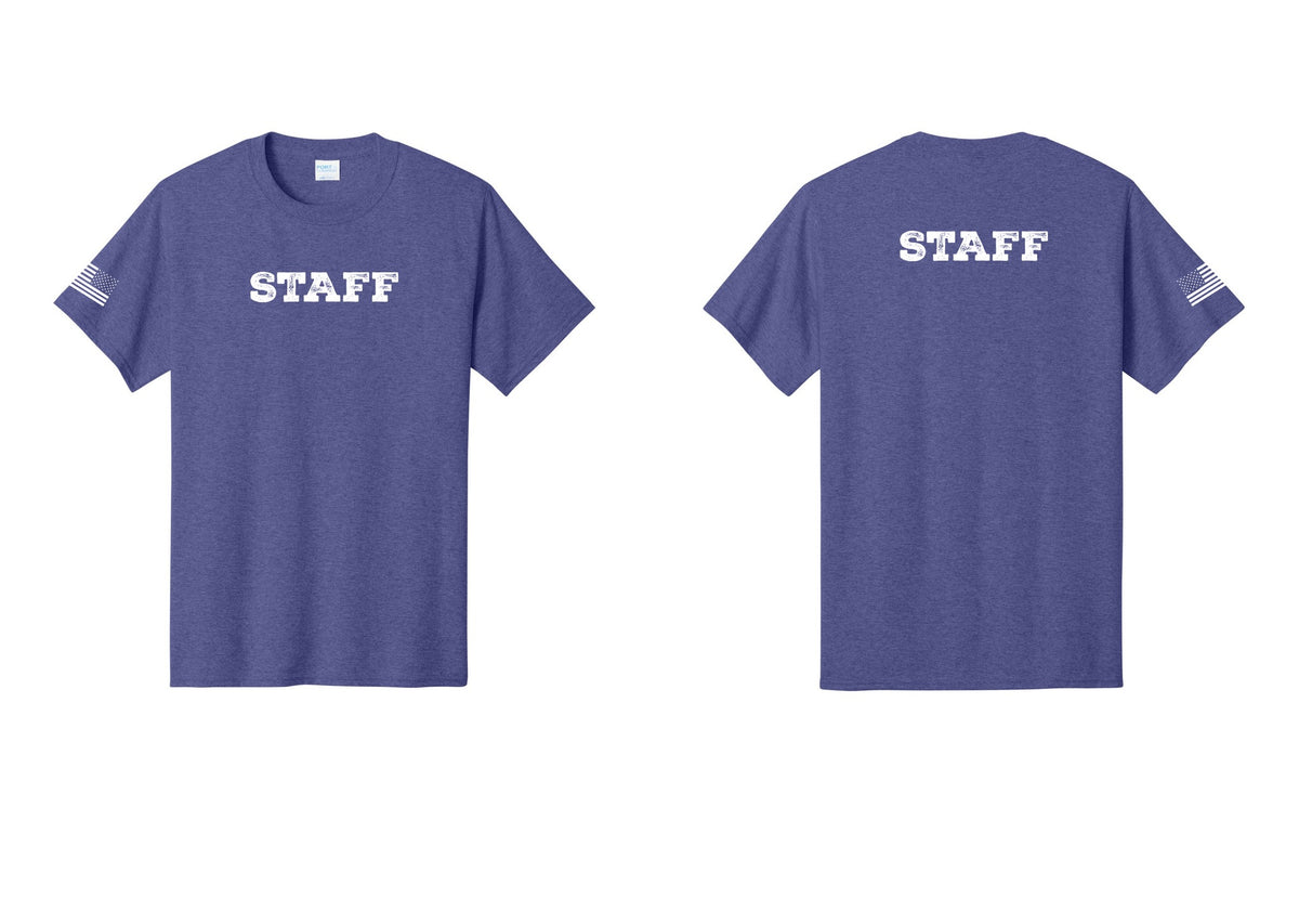 NYC Factory Staff T-Shirt, Rustic Lettering - Front + Back + US Flag Sleeve - Heather Purple