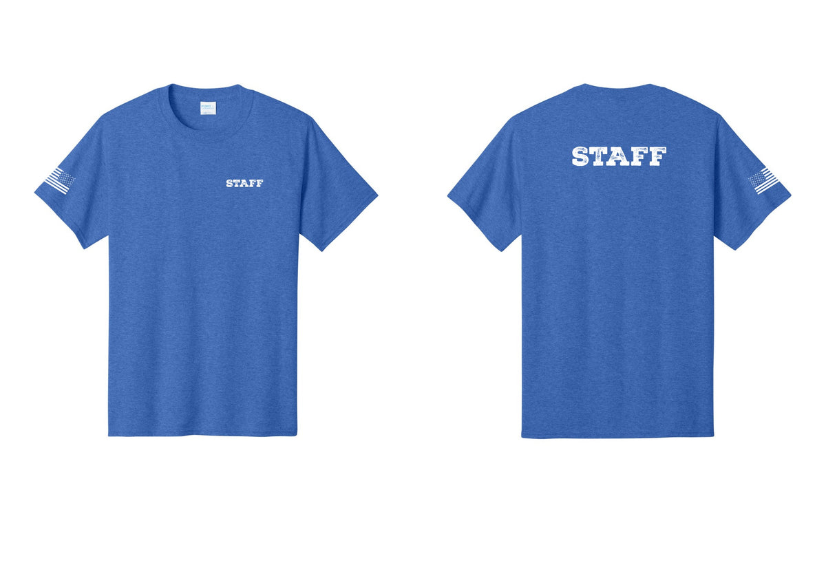 NYC Factory Staff T-Shirt, Rustic Lettering - Chest + Back + US Flag Sleeve - Heather Royal
