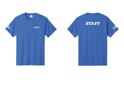 NYC Factory Staff T-Shirt, Rustic Lettering - Chest + Back + US Flag Sleeve - Heather Royal