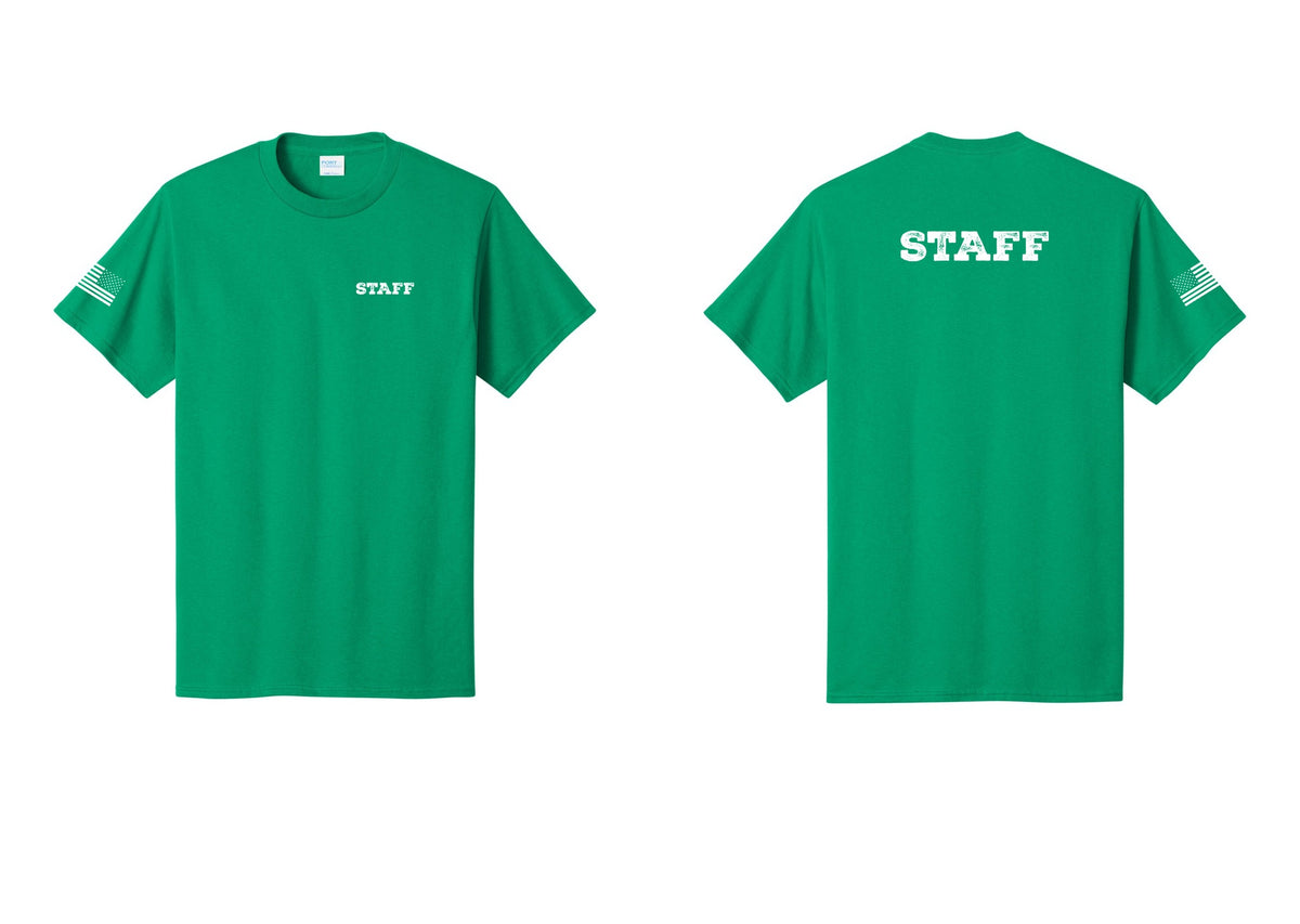NYC Factory Staff T-Shirt, Rustic Lettering - Chest + Back + US Flag Sleeve - Kelly